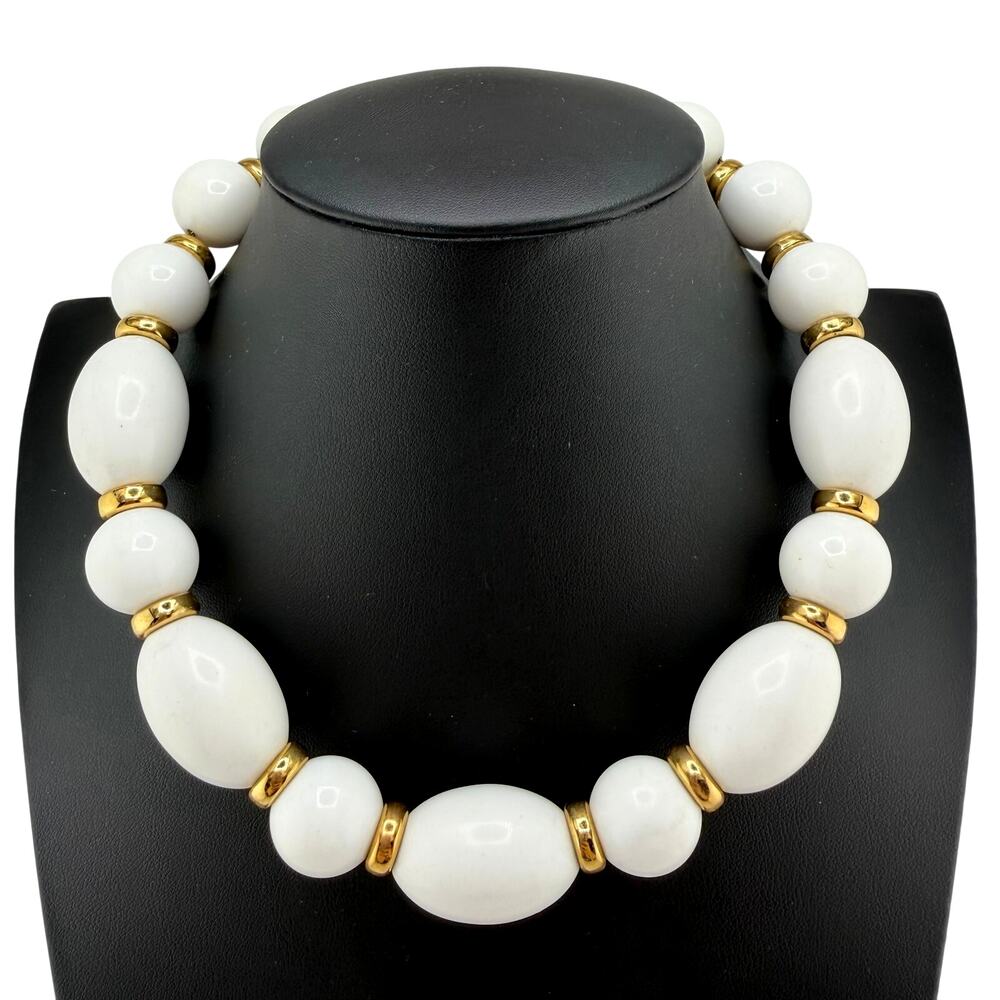 Vintage Monet 1980s 1990s Chunky Acrylic White Beads Gold Tone 17" Necklace